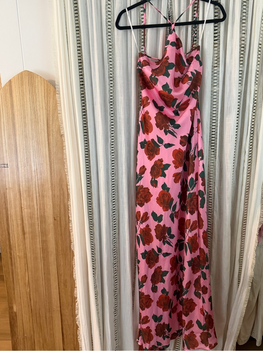 Lulu's Pink Maxi Slip Dress with Red Rose Print